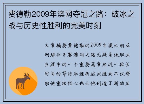 费德勒2009年澳网夺冠之路：破冰之战与历史性胜利的完美时刻