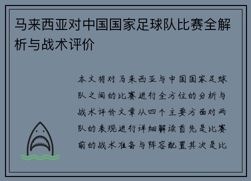 马来西亚对中国国家足球队比赛全解析与战术评价