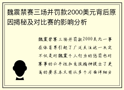 魏震禁赛三场并罚款2000美元背后原因揭秘及对比赛的影响分析